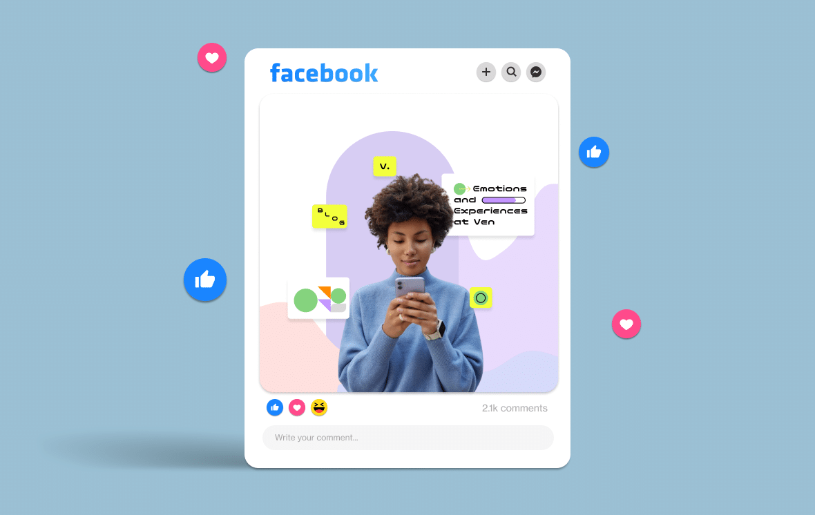 A graphical representation of a digital marketing solution featuring a young woman looking intently at her smartphone, with icons and reaction emojis floating around the screen on a light blue background. | Ven Agency