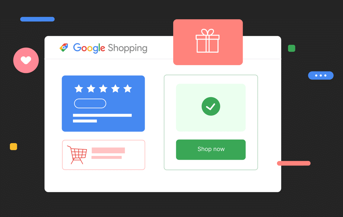 Illustration of digital marketing solutions for Google Shopping interface showing a five-star review, shopping cart icon, and a green 