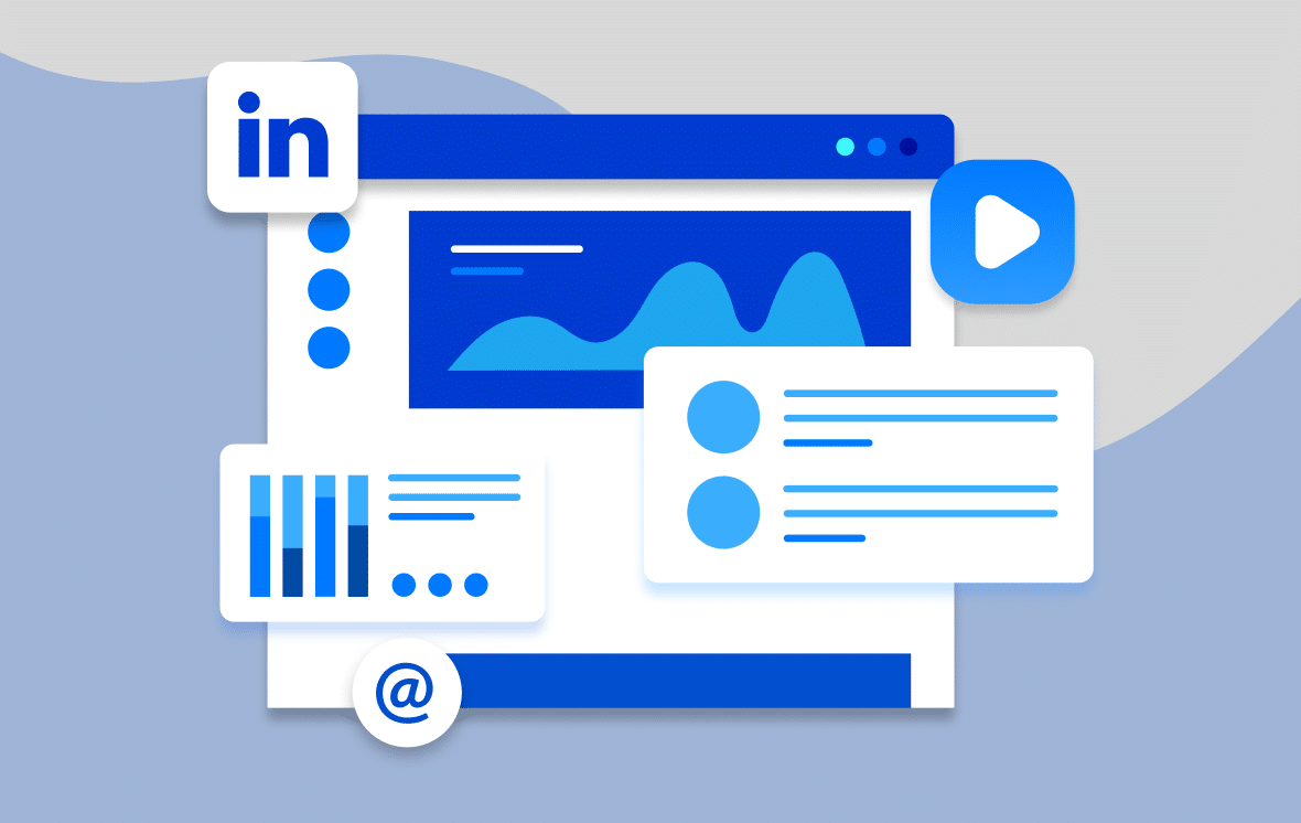 Illustration of a modern user interface for digital marketing solutions with various data visualization graphics, including charts and user profile widgets, in a blue and white color scheme. | Ven Agency