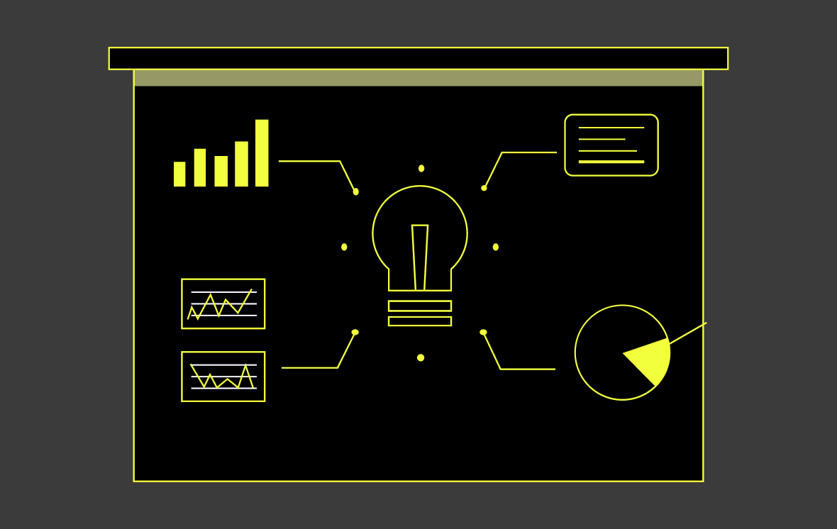 Graphic design of a blackboard with yellow diagrams including a lightbulb, bar chart, speech bubble, magnifying glass, and circuit elements, illustrating digital marketing solutions. | Ven Agency