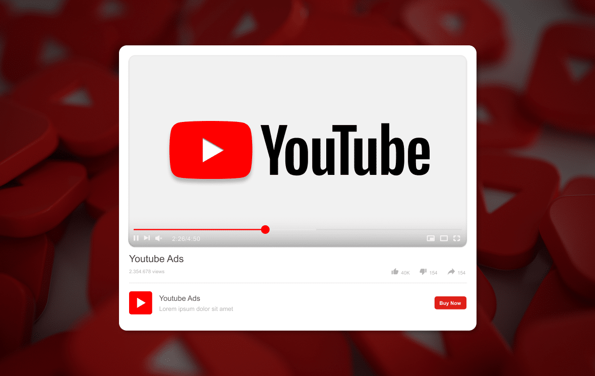 A youtube video player window displaying a digital marketing solutions advertisement, overlaid on a background of numerous red youtube play button icons. The ad has a 