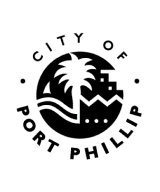 Logo of the city of Port Phillip featuring a stylized black and white design with a palm tree, waves, and buildings encircled by the text 
