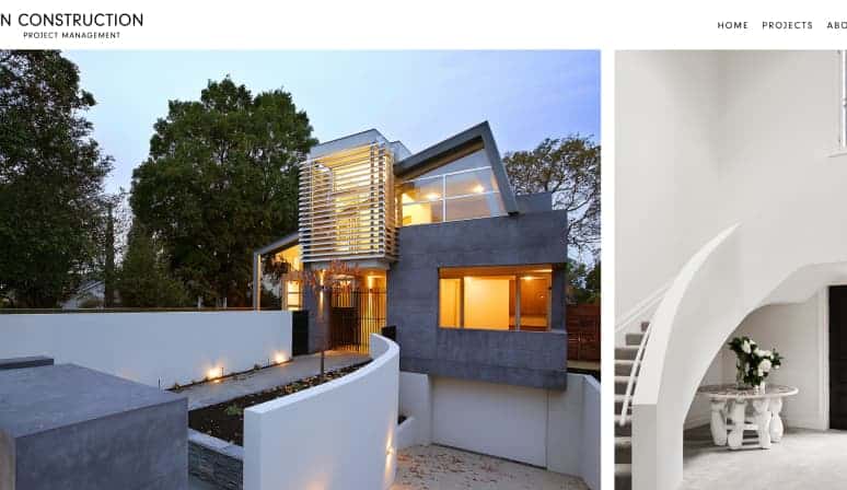 The image shows a modern two-story house at dusk, featuring illuminated windows and an exterior fireplace, alongside a close-up of an elegant white interior archway in a digital solutions agency. | Ven Agency
