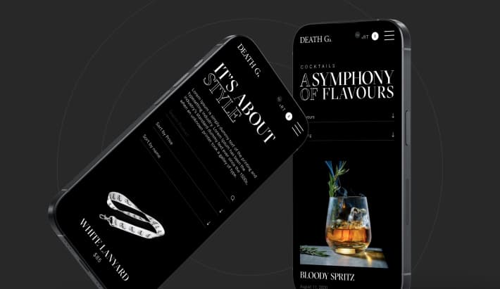 Two smartphones displaying cocktail menus. One phone shows a black and white menu titled 