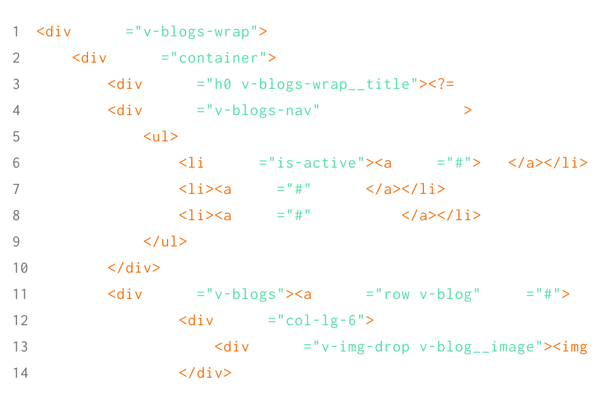 Screenshot of HTML code for Digital Marketing Solutions, focusing on a section of a navigation menu that highlights active and regular links within an unordered list inside div elements. | Ven Agency
