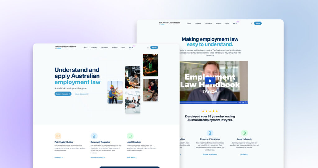Two computer screens displaying a Portner Press website on Australian employment law, featuring text, images of people at work, and a video interview frame on one screen. | Ven Agency