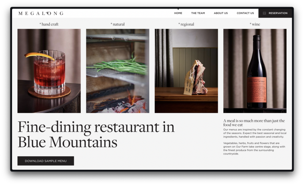 Website interface designed by a Ven Agency for Megalong, a fine-dining restaurant in Blue Mountains, featuring images of a cocktail, fresh produce, an outdoor scene, and a bottle of wine, | Ven Agency