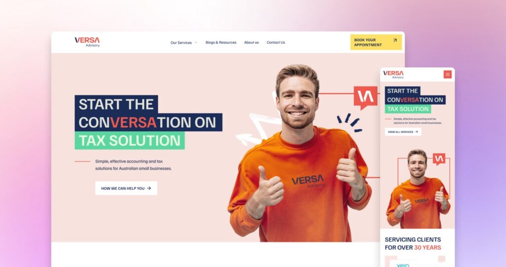 A website interface for "Versa Advisory" featuring a smiling man in an orange shirt giving two thumbs up. The site, designed to promote tax solutions, carries the headline "Start the conversation on tax | Ven Agency