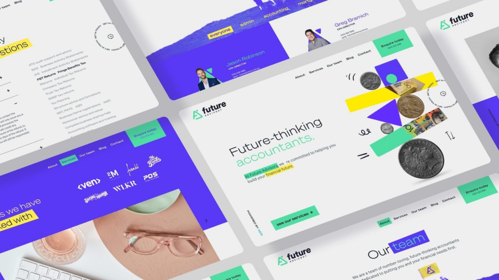 A digital collage showcasing website mockups for "Future Thinking Accountants" integrates bold colors like purple, green, and yellow. Featuring images of coins, people, and logos of partner companies, it highlights financial advisors using case studies within various text elements. | Ven Agency